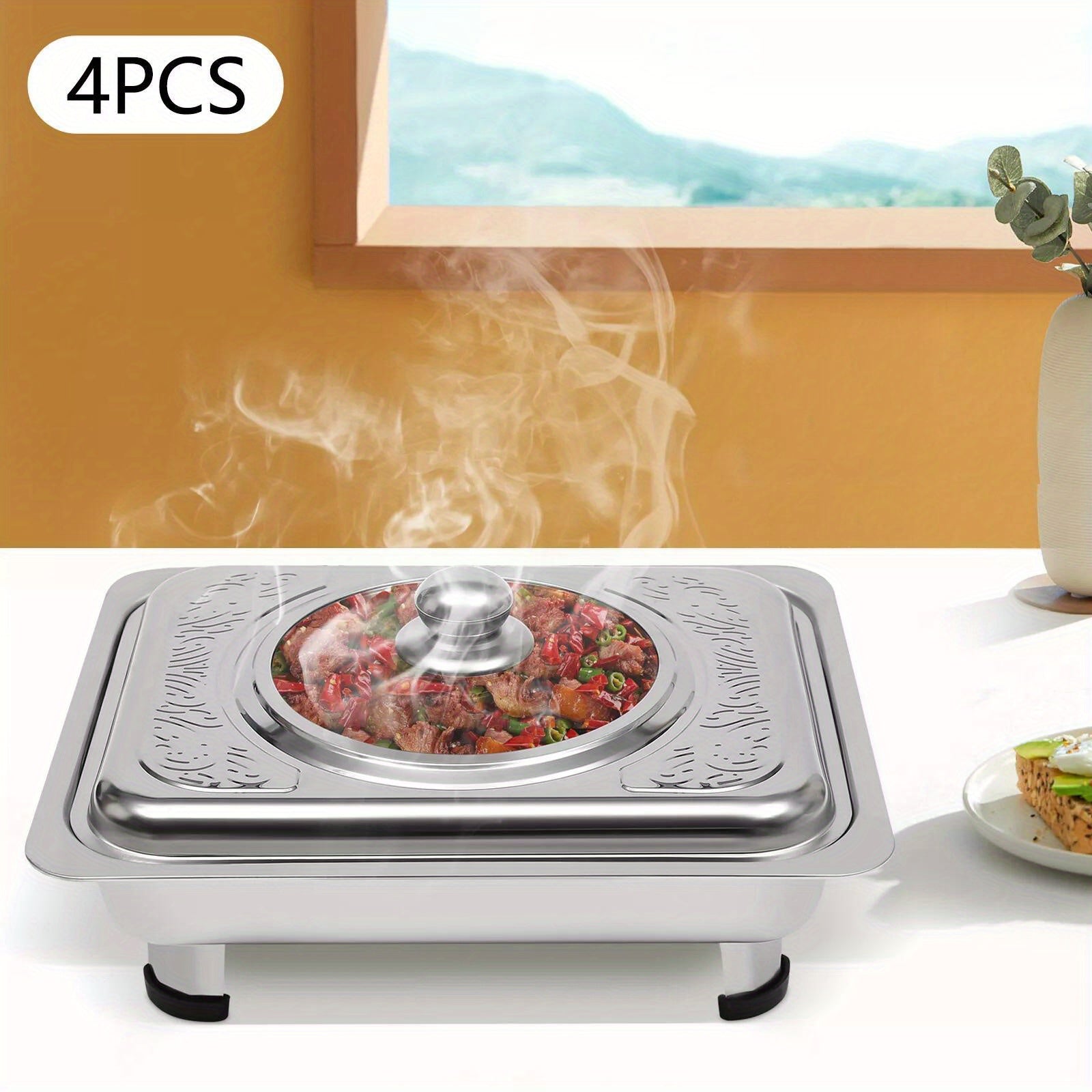 4pcs Stainless Steel Buffet Serving Trays – Keep Food Warm & Stylish for Any Occasion