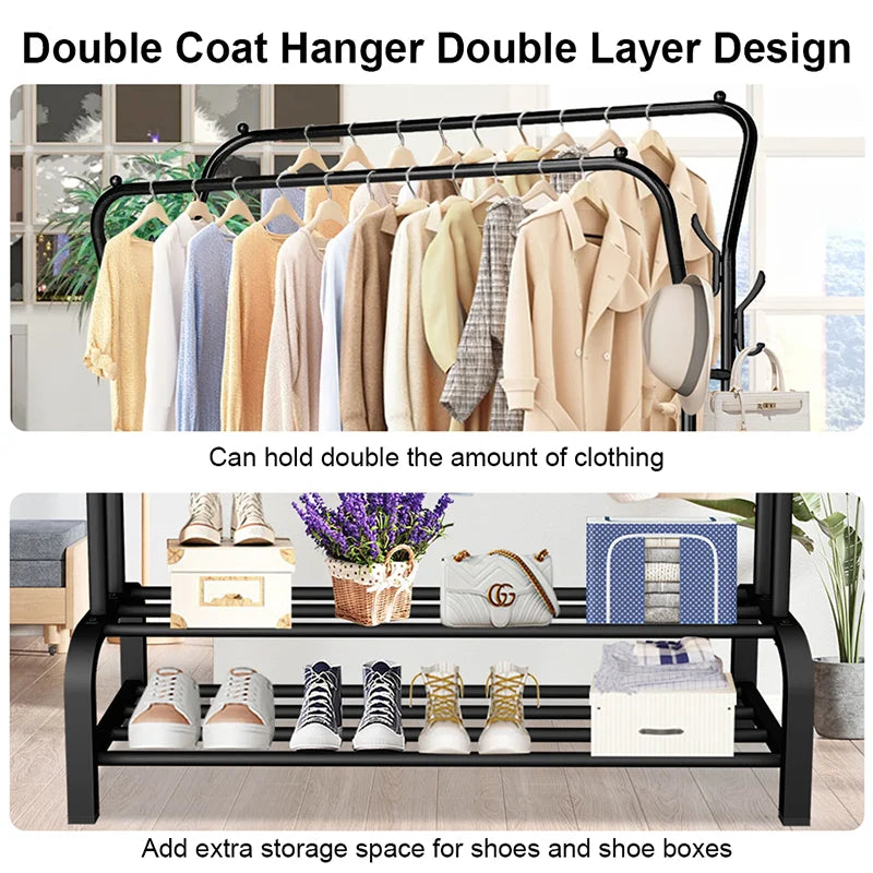 Sturdy Metal Standing Clothes Rail – Organiser with Double Rails & Shelves for Bedroom & Living Room