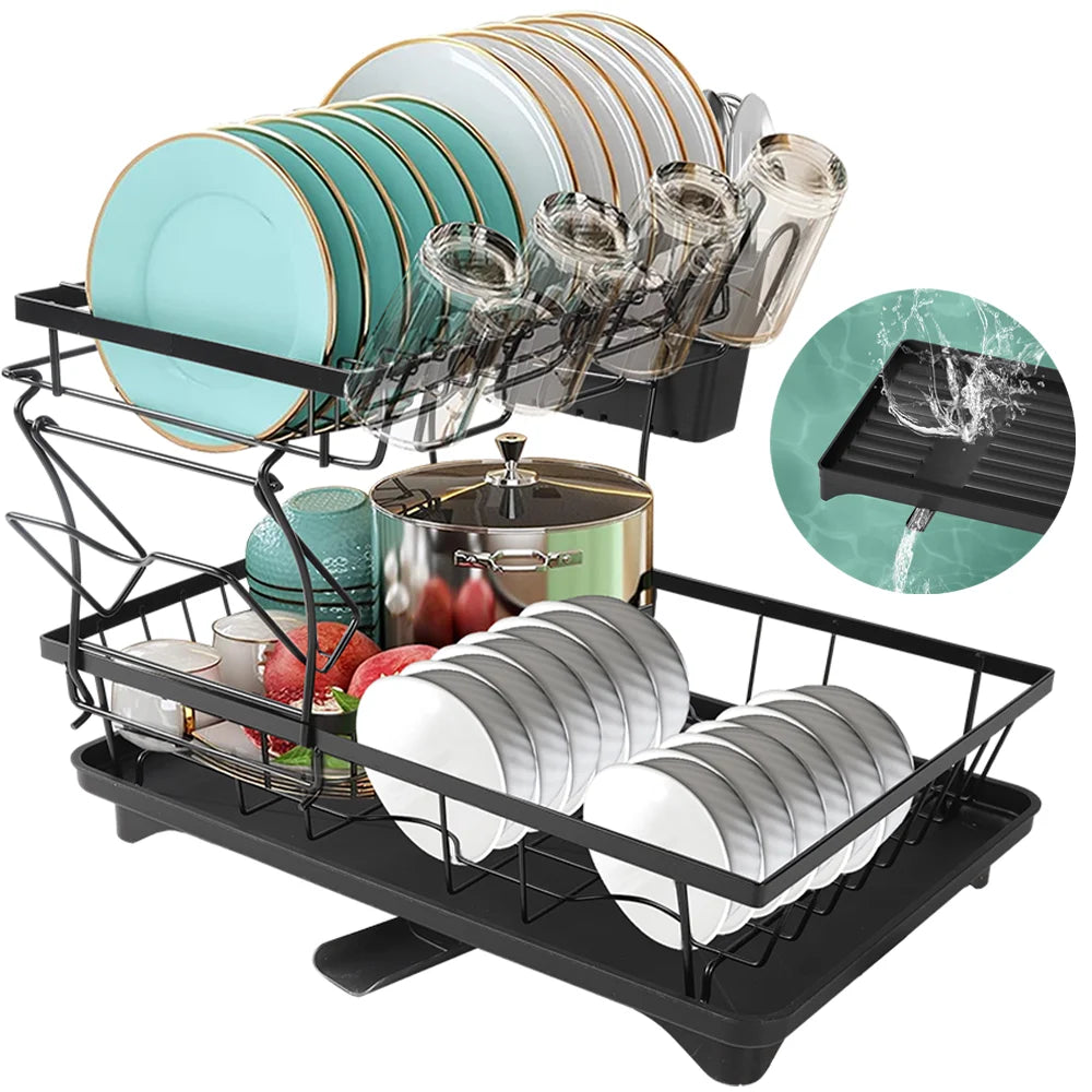 Kitchen Dish Drying Rack – Organiser for Plates, Bowls & Cutlery with Smart Drainage