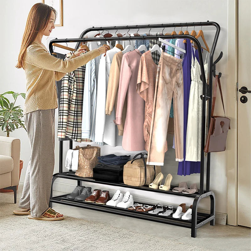 Sturdy Metal Standing Clothes Rail – Organiser with Double Rails & Shelves for Bedroom & Living Room