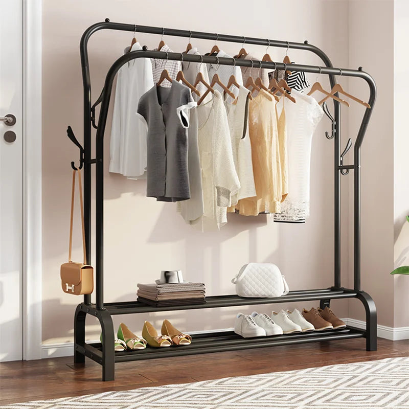 Sturdy Metal Standing Clothes Rail – Organiser with Double Rails & Shelves for Bedroom & Living Room