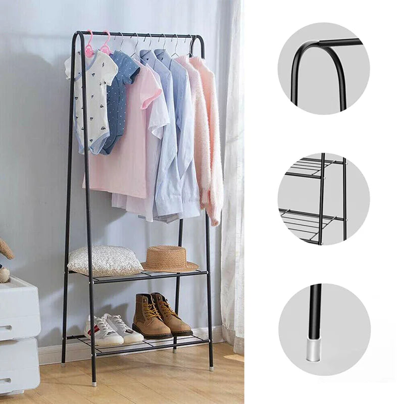 Sturdy Metal Standing Clothes Rail – Organiser with Double Rails & Shelves for Bedroom & Living Room