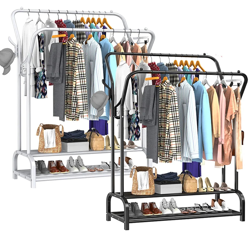 Sturdy Metal Standing Clothes Rail – Organiser with Double Rails & Shelves for Bedroom & Living Room