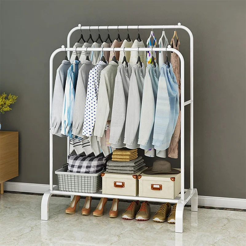 Sturdy Metal Standing Clothes Rail – Organiser with Double Rails & Shelves for Bedroom & Living Room